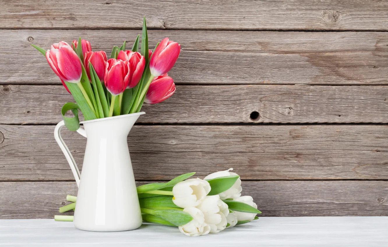 Photo wallpaper flowers, bouquet, tulips, red, white, wood, flowers, tulips