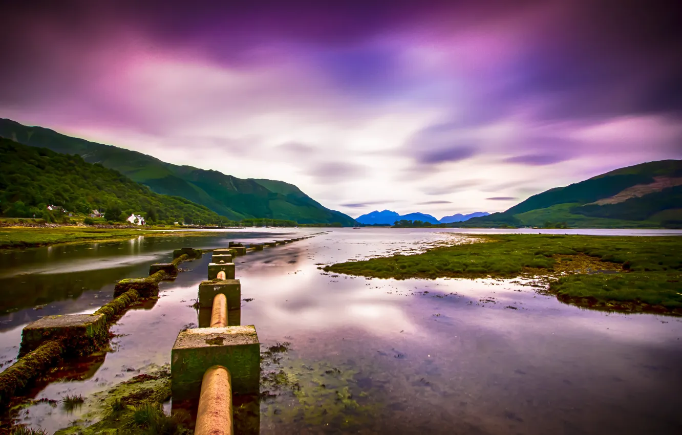 Photo wallpaper the sky, river, hills, valley, Scotland, UK, forest, purple
