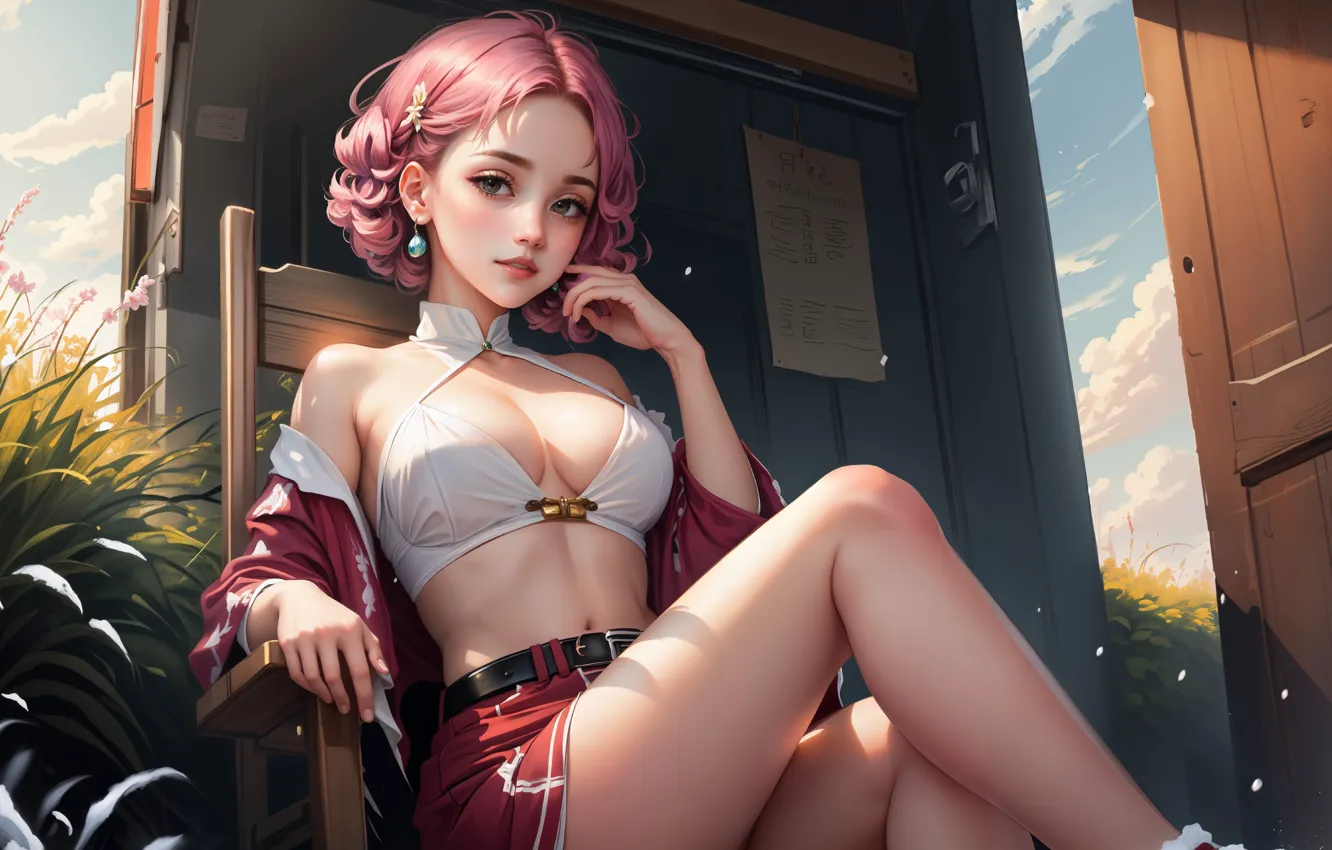 Photo wallpaper pink hair, legs, short hair, women, asian, belly, sitting, thighs