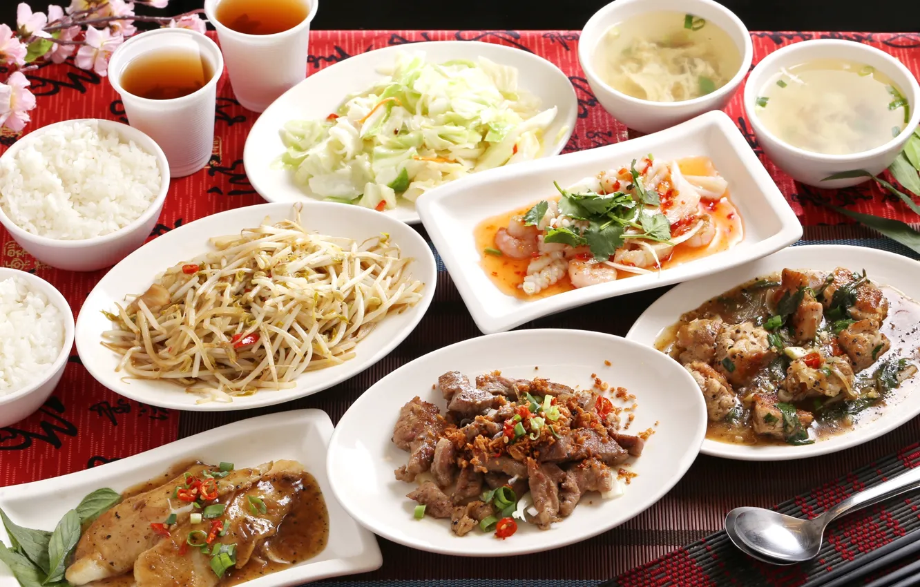 Photo wallpaper fish, soup, figure, salad, seafood, Japanese cuisine, meals, cuts