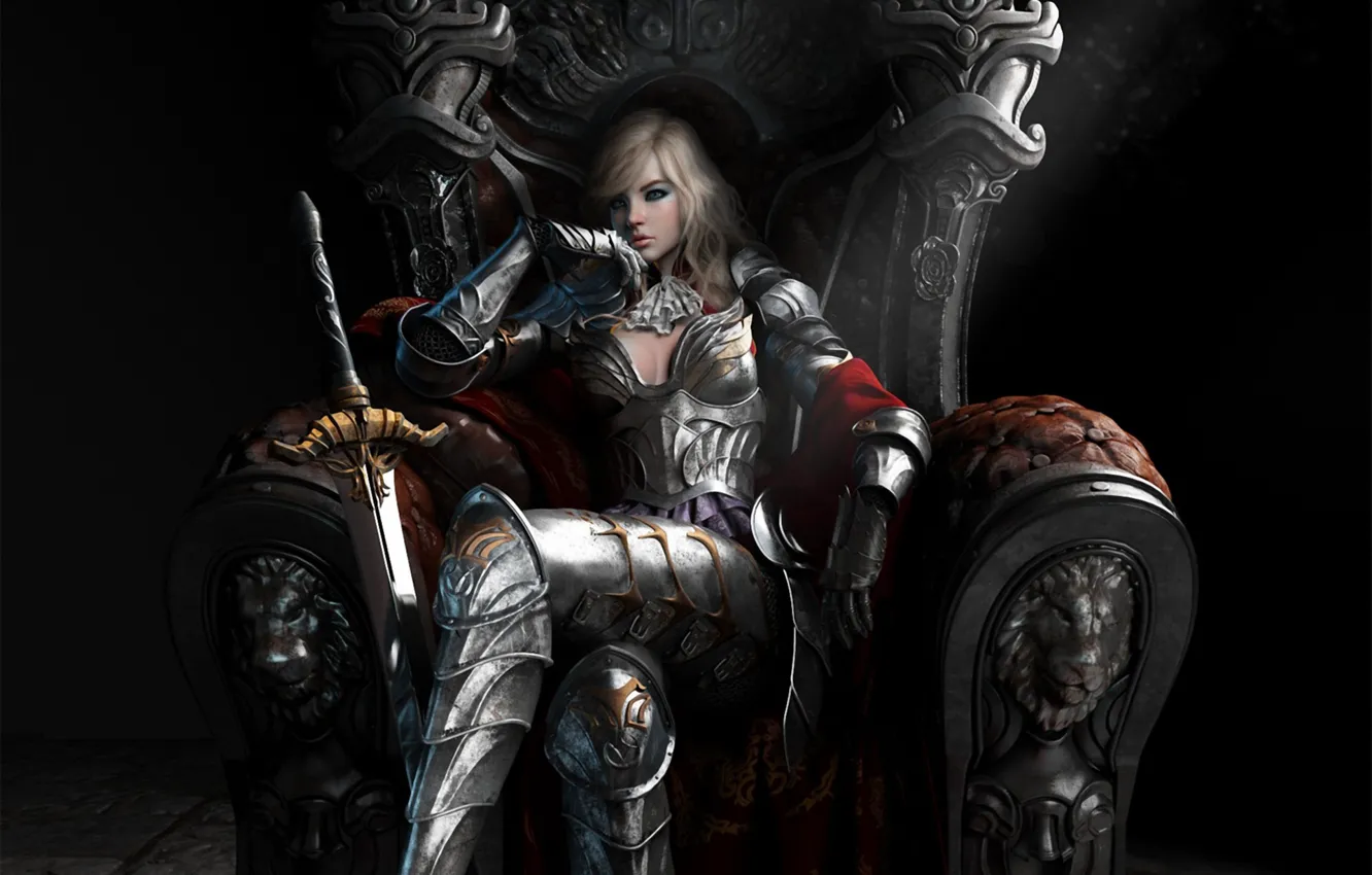 Photo wallpaper girl, reverie, sword, armor, art, the throne, Queen
