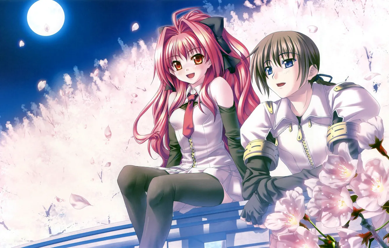 Photo wallpaper girl, trees, flowers, night, the moon, anime, petals, Sakura