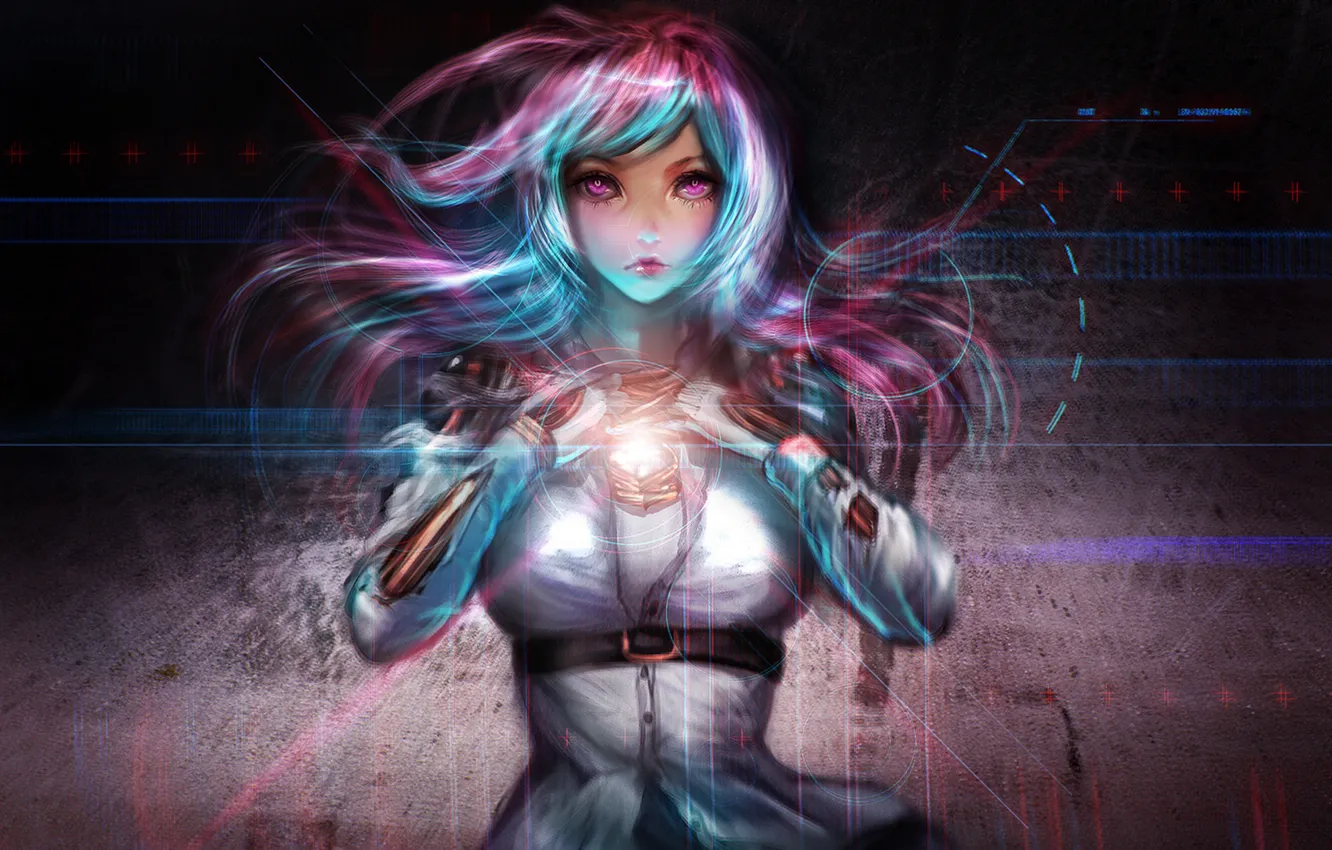 Photo wallpaper look, girl, light, hands, art, cyborg