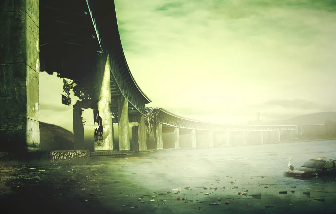 Photo wallpaper machine, bridge, bird, devastation, pond