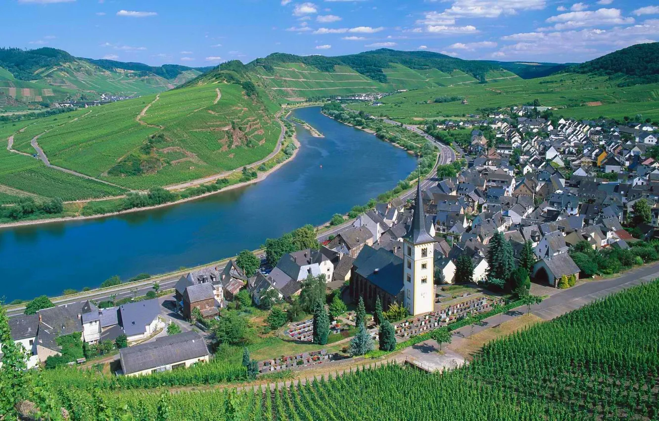 Photo wallpaper roof, the sky, mountains, the city, river, hills, Church, vineyard