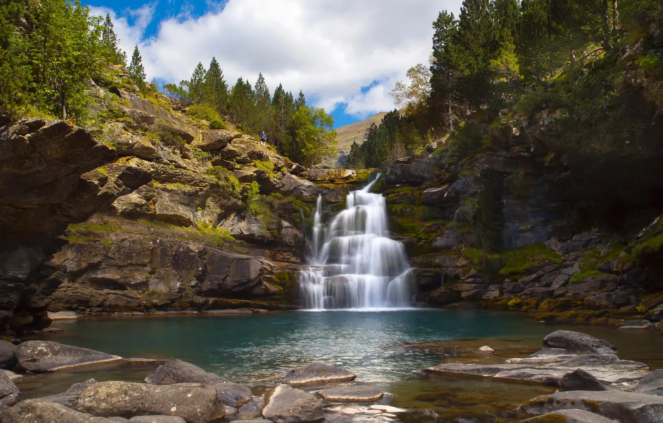 Photo wallpaper mountains, stones, waterfall, Spain, Spain, waterfalls, trees.