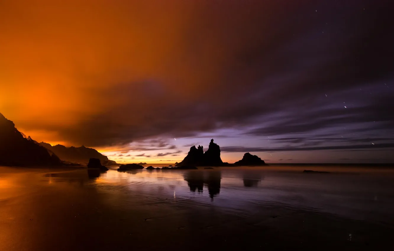 Photo wallpaper sand, beach, sunset, the ocean, rocks