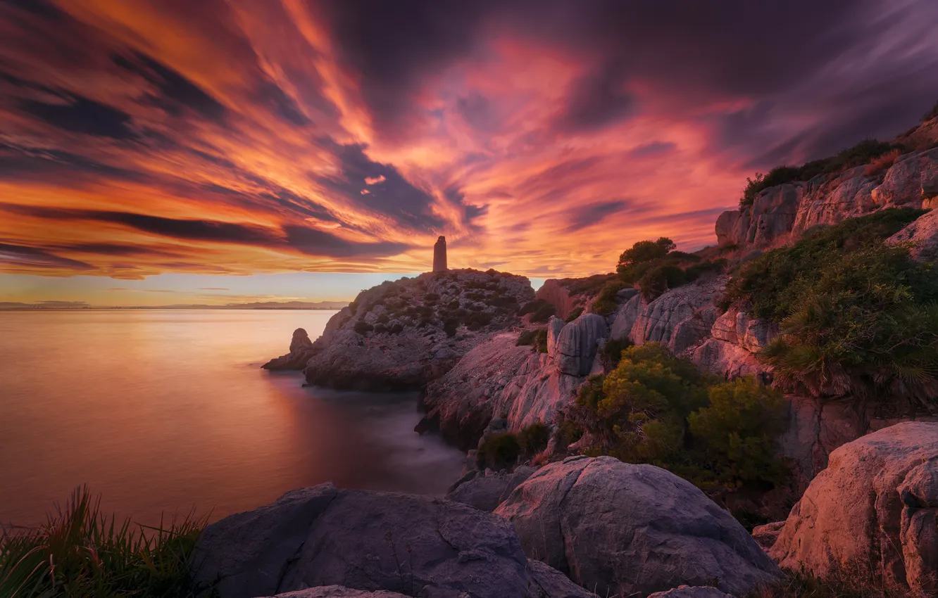 Photo wallpaper sea, sunset, rocks, coast, Spain, Spain, Valencia, Valencia
