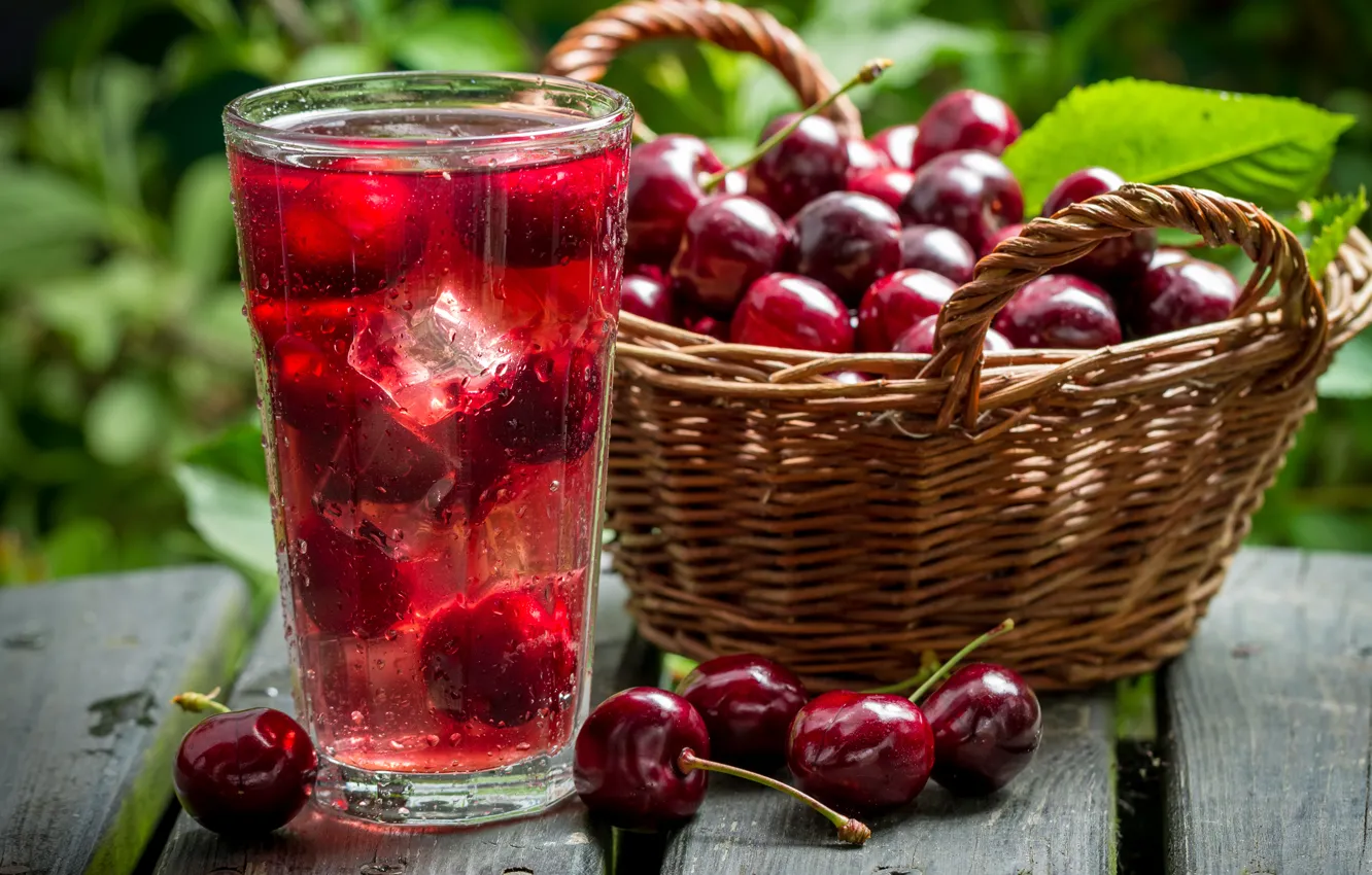 Photo wallpaper drink, fruit, basket, cherry, fruit, cherry, drink, basket