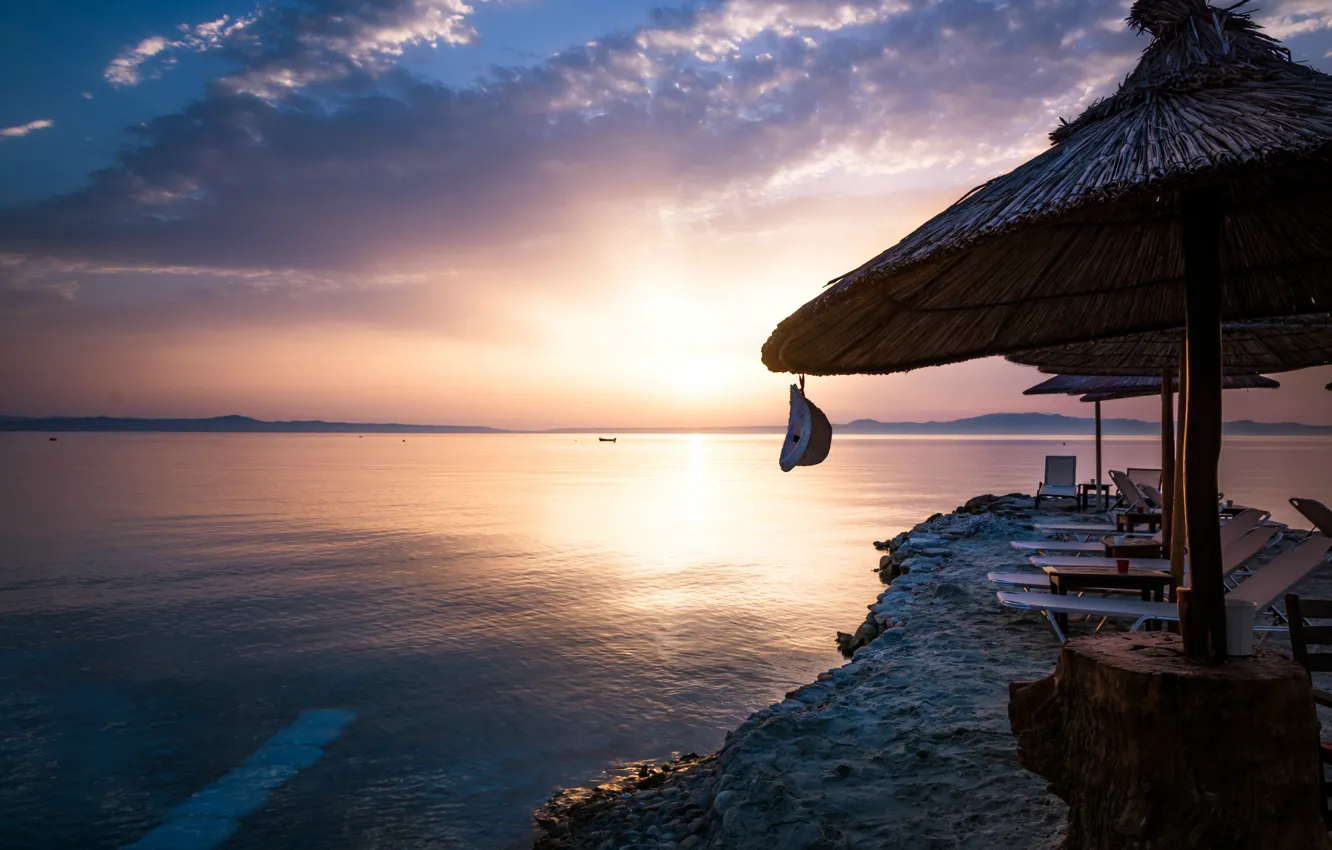 Photo wallpaper beach, water, the sun, sunset, the ocean, shore, umbrella, resort