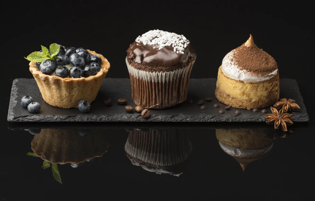 Photo wallpaper reflection, berries, table, chocolate, blueberries, cake, black background, trio