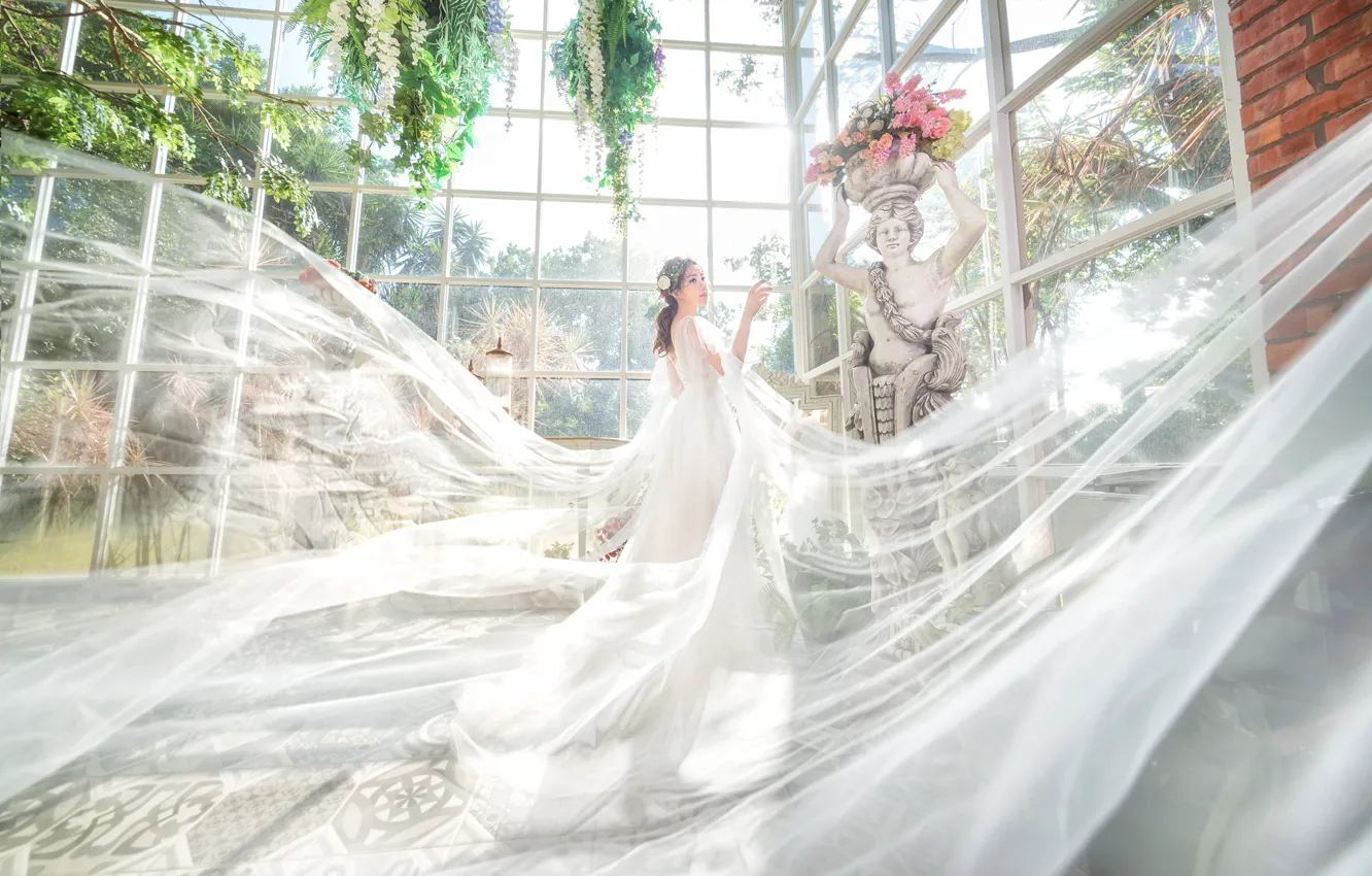 Photo wallpaper white, girl, light, flowers, pose, garden, dress, window