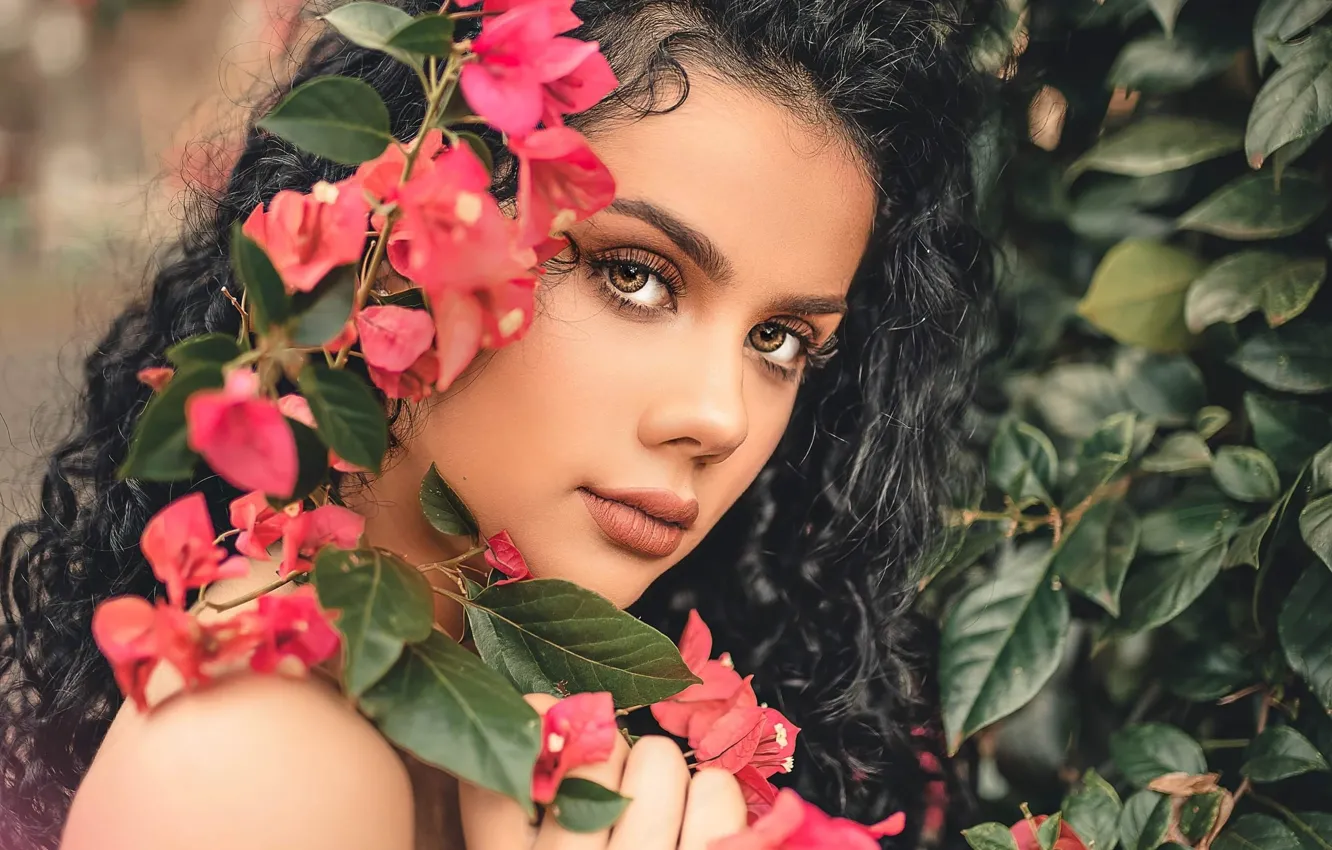 Photo wallpaper look, leaves, girl, flowers, branches, nature, portrait, makeup