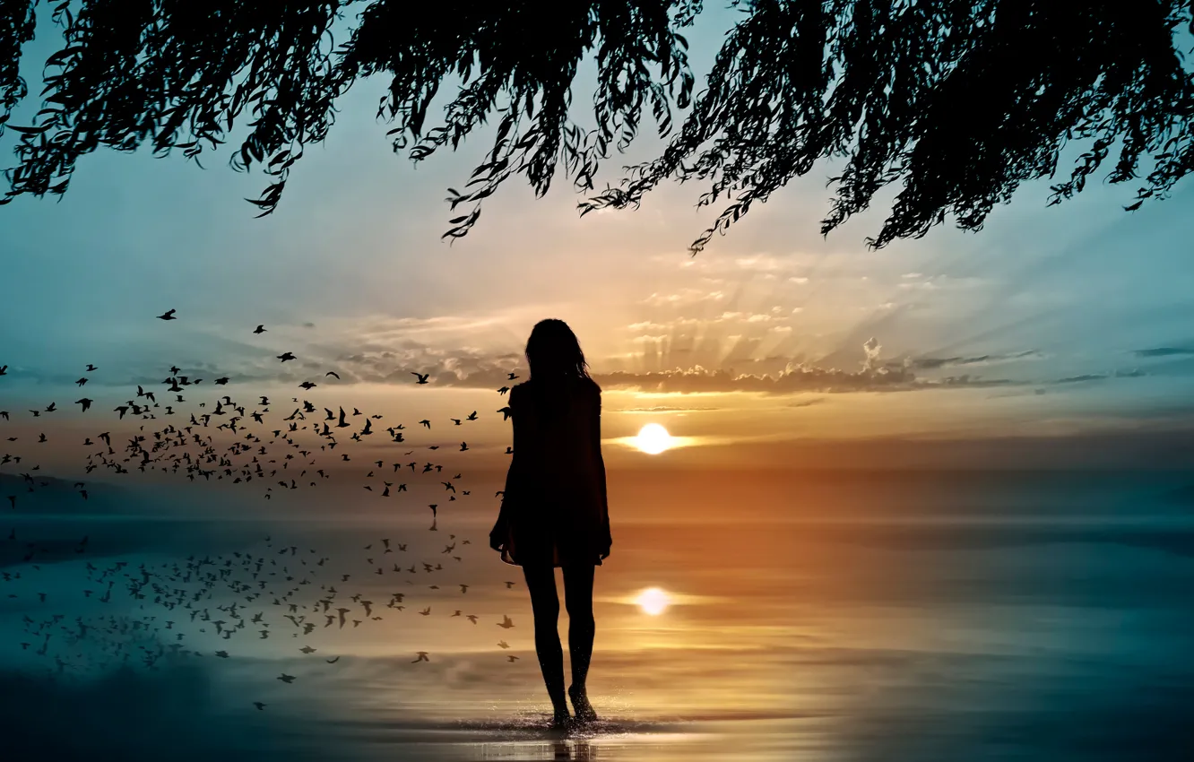 Photo wallpaper sea, girl, sunset, silhouette