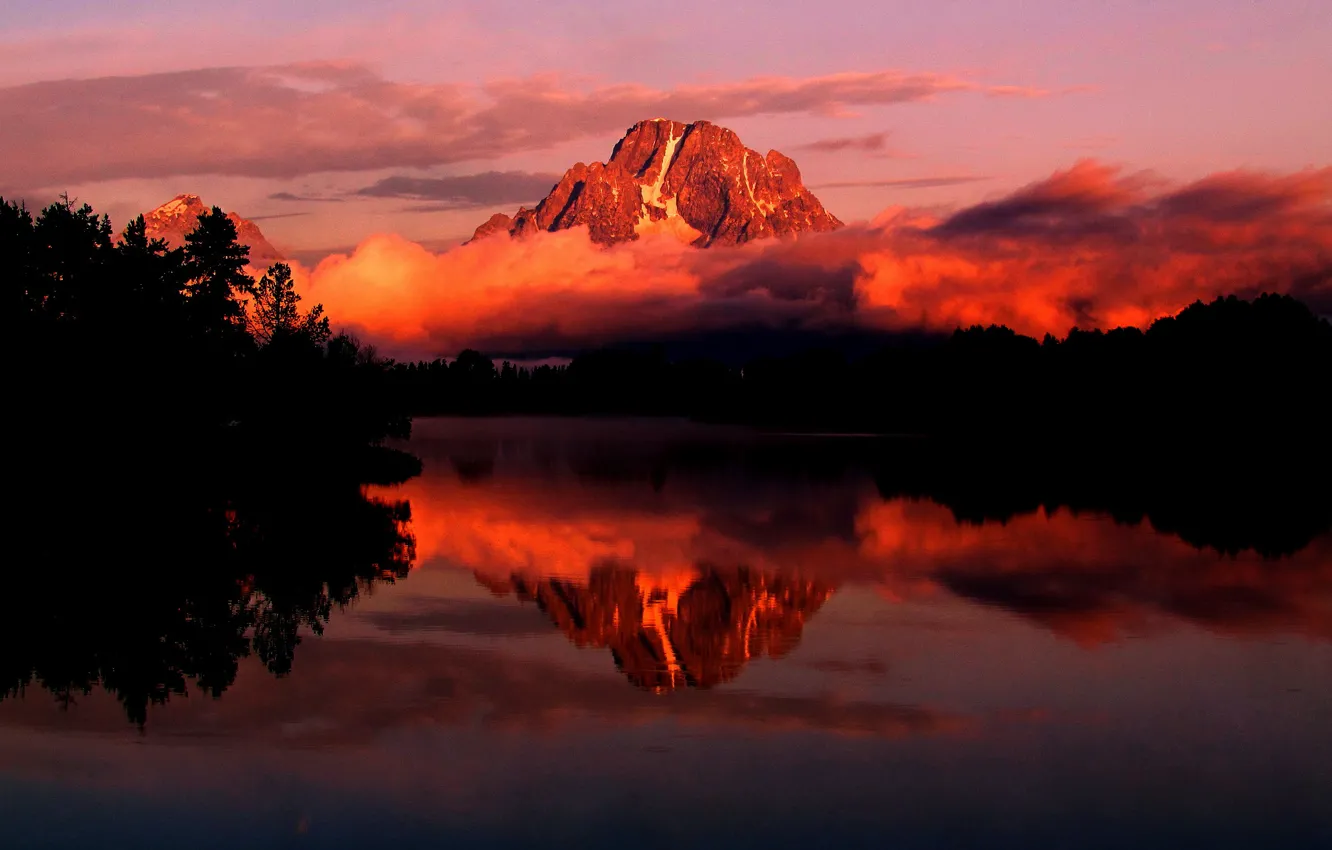 Photo wallpaper autumn, the sky, trees, sunset, mountains, lake, Wyoming, USA