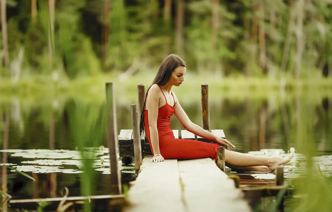 Photo wallpaper look, water, girl, nature, pose, river, dress, bokeh