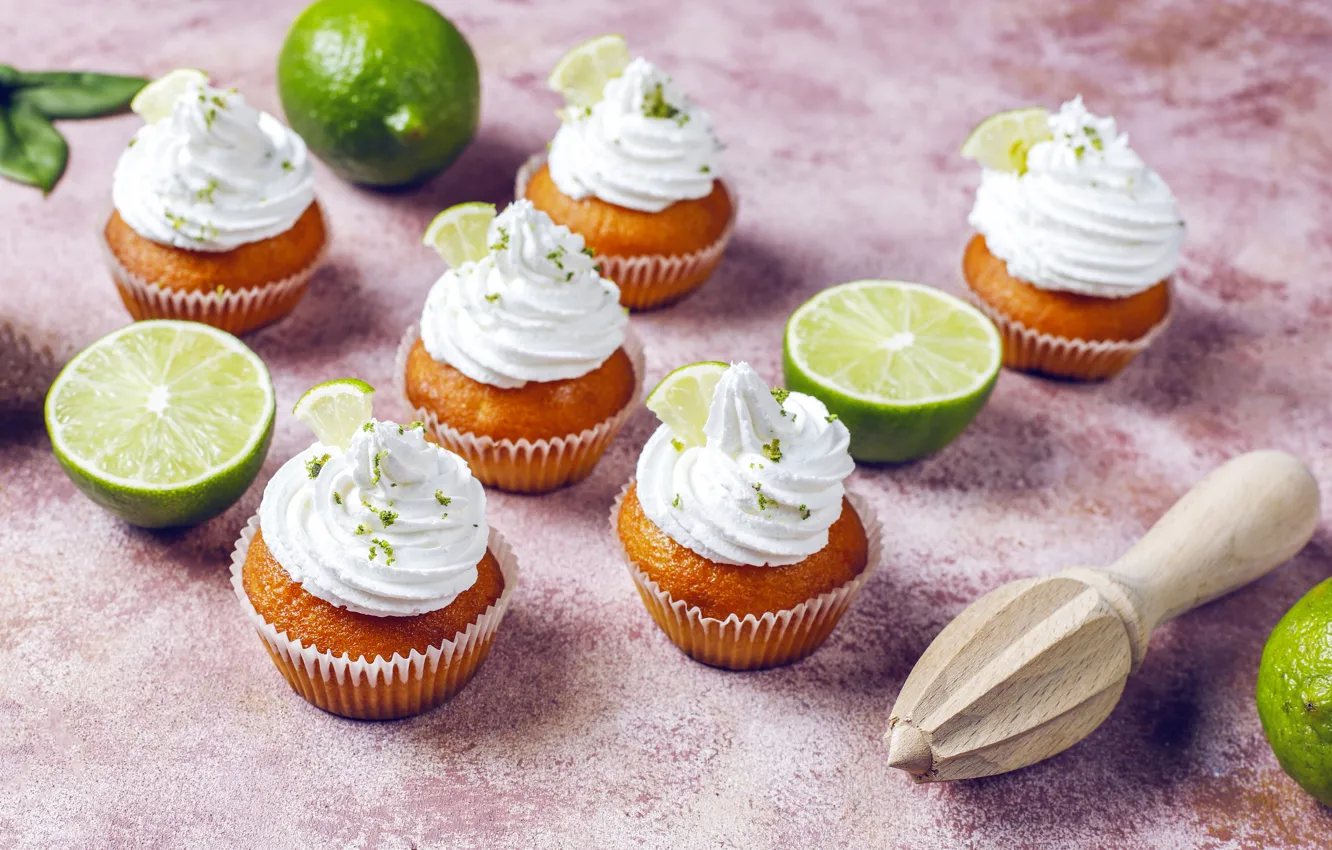 Photo wallpaper table, lime, cake, halves, cream, dessert, slices, bokeh