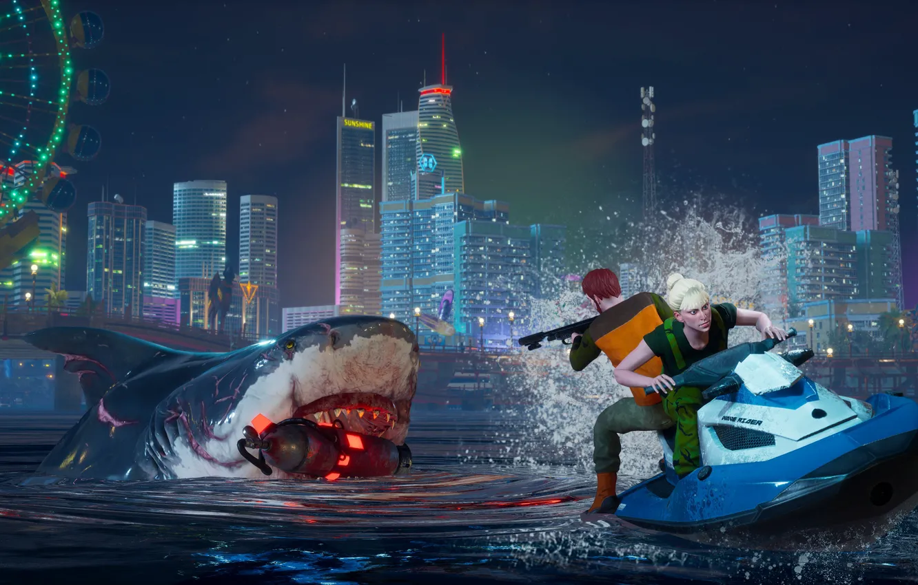Photo wallpaper water, night, the city, people, shark, Maneater