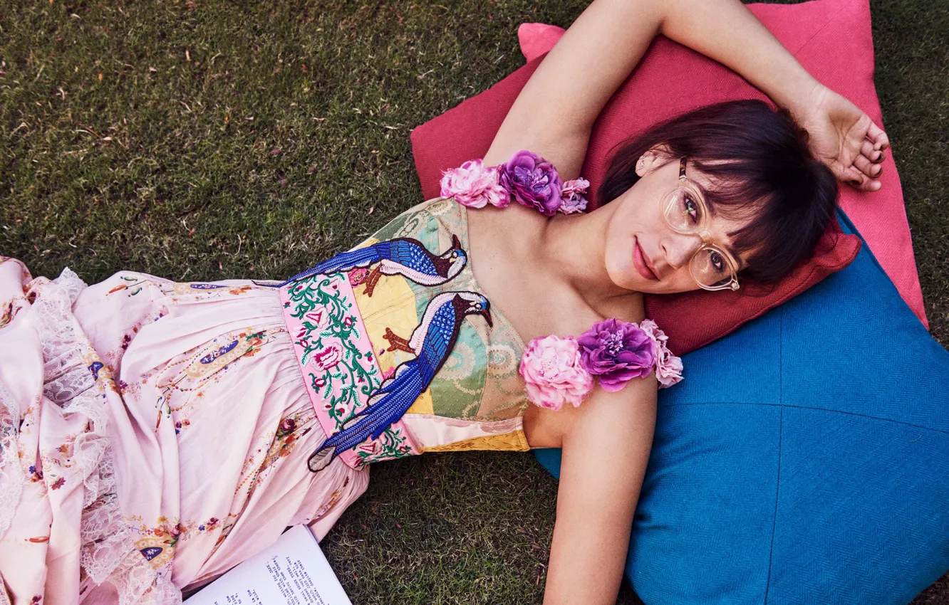 Photo wallpaper pose, dress, actress, brunette, glasses, hairstyle, lies, photoshoot