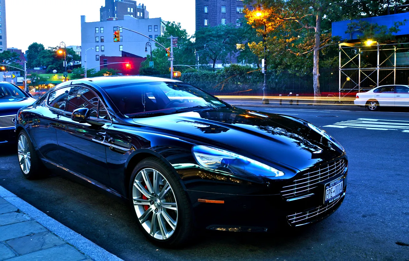 Photo wallpaper Aston Martin, street, Shine, black, V8 vantage