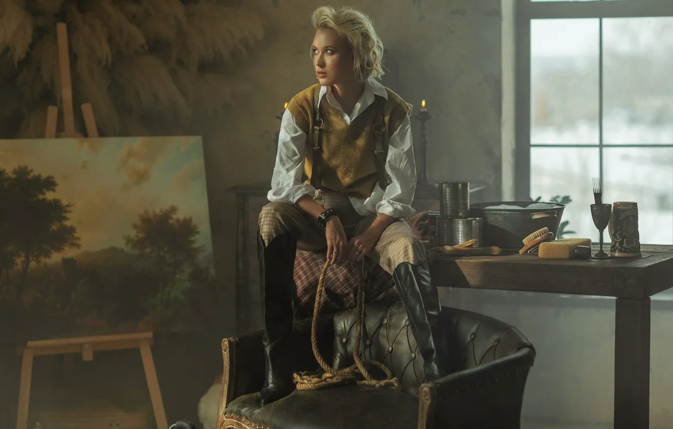 Photo wallpaper girl, pose, picture, chair, boots, rope, blonde, pants