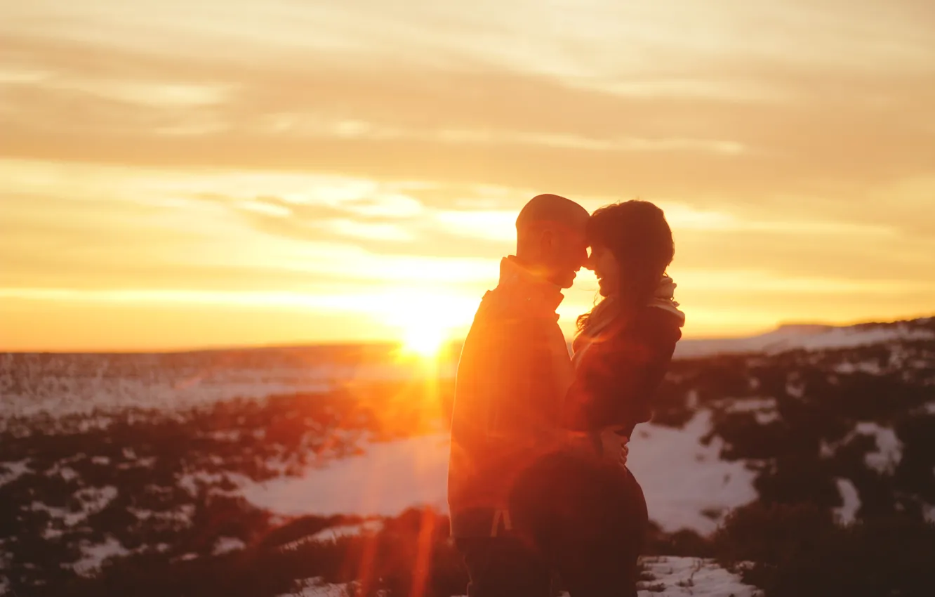 Photo wallpaper girl, sunset, guy, lovers