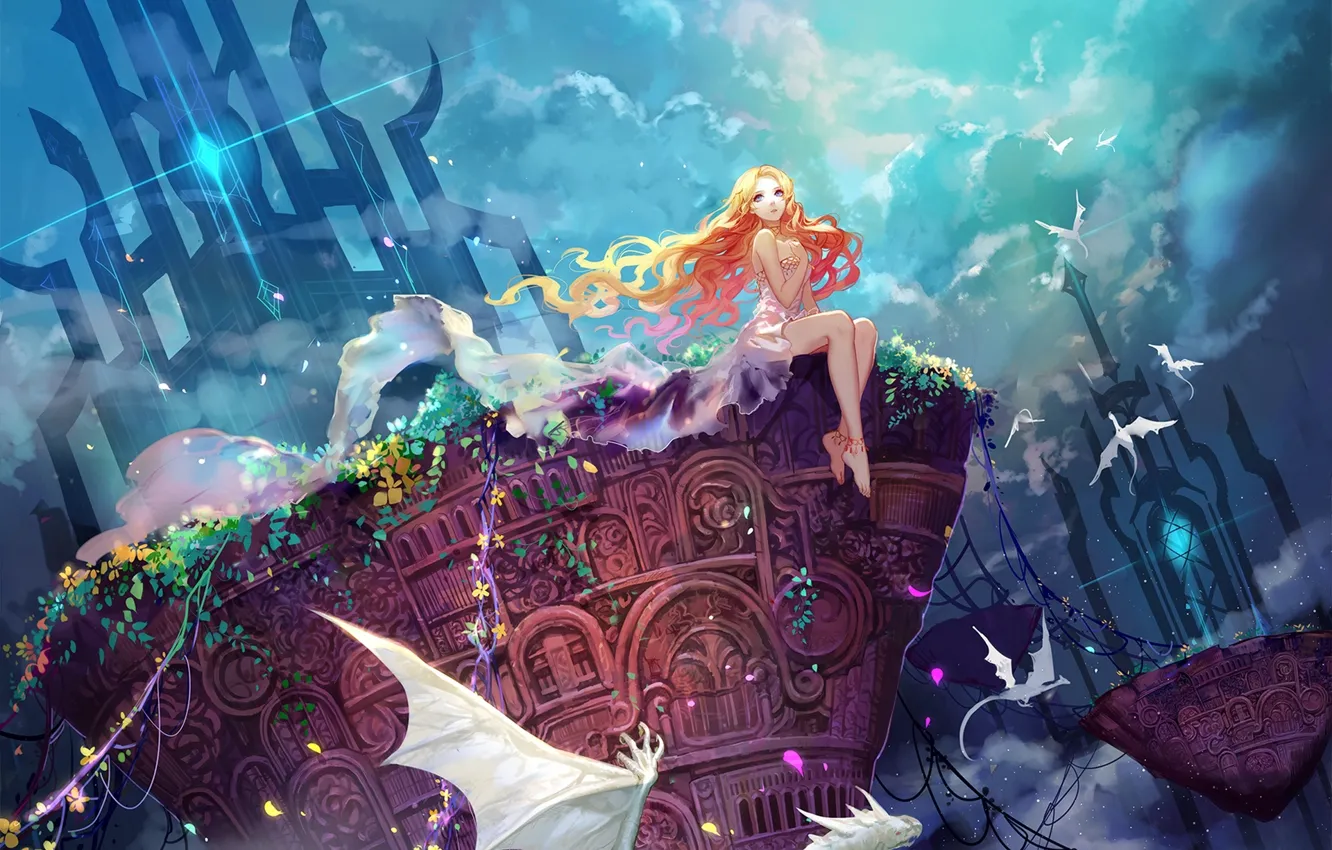 Photo wallpaper the sky, girl, clouds, flowers, plants, dragons, anime, art