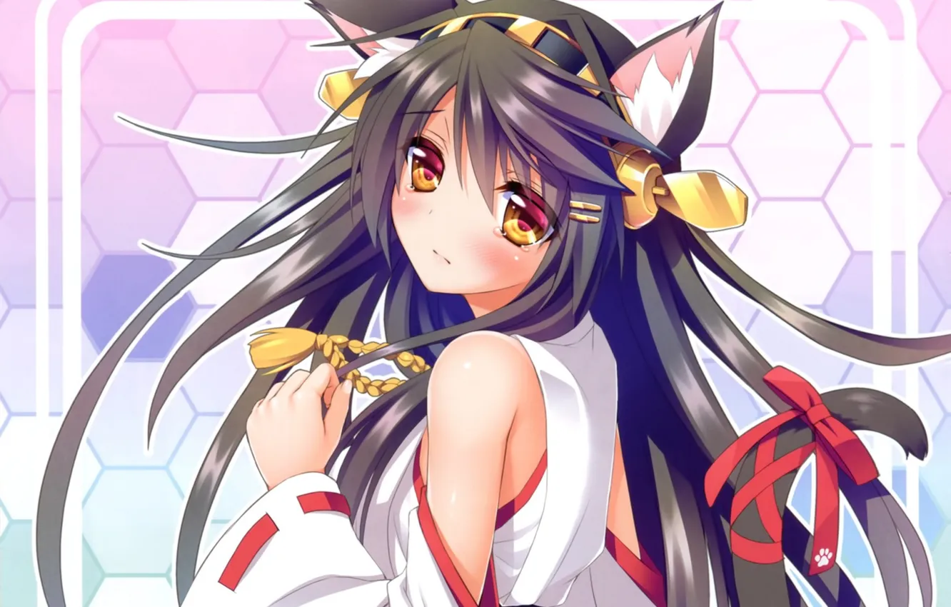 Photo wallpaper look, girl, tears, tail, neko, ears, art, embarrassment