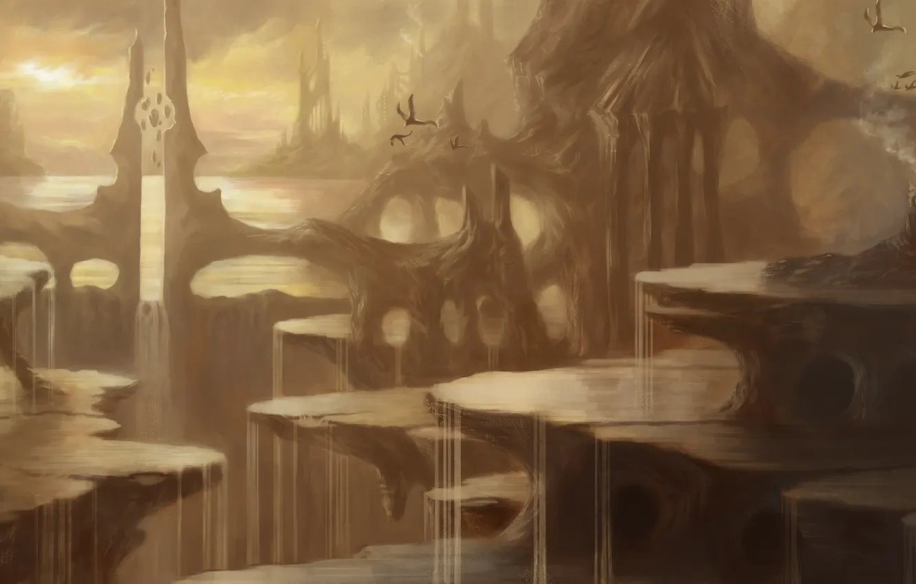 Photo wallpaper mountains, river, rocks, bird, waterfall, being, fantasy, art