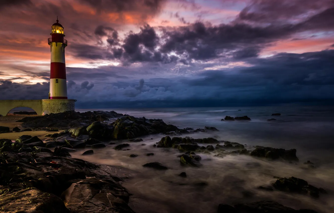 Photo wallpaper storm, stones, the ocean, rocks, shore, lighthouse, Brazil