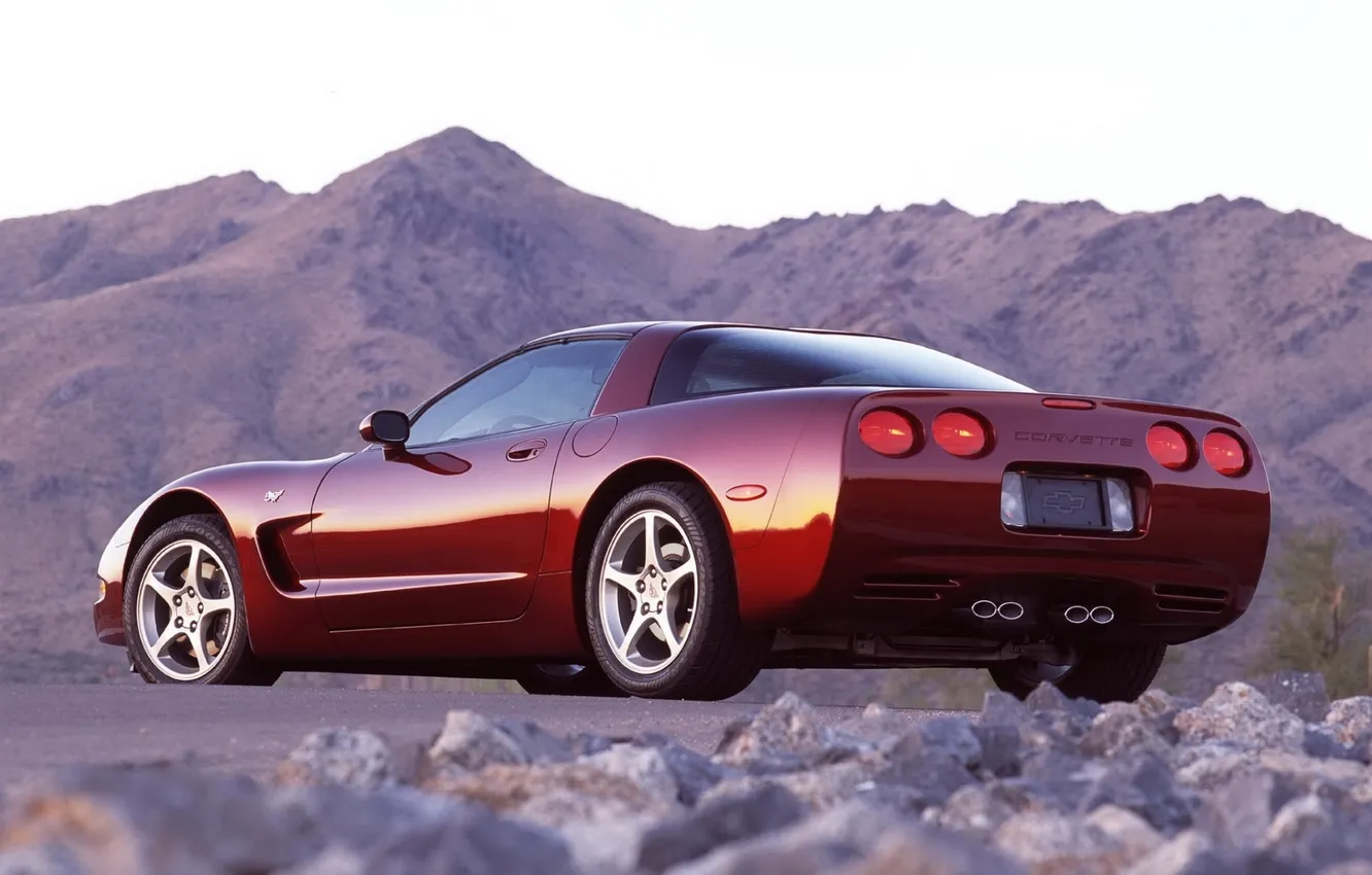 Photo wallpaper the sky, mountains, Corvette, Chevrolet, supercar, Chevrolet, rear view, Coupe