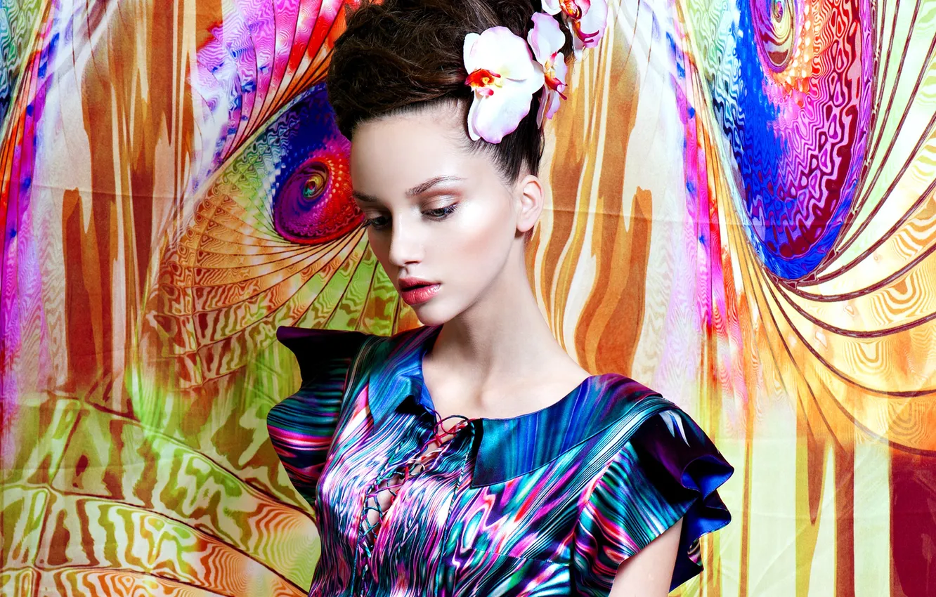 Photo wallpaper girl, abstraction, face, background, makeup, dress, hairstyle