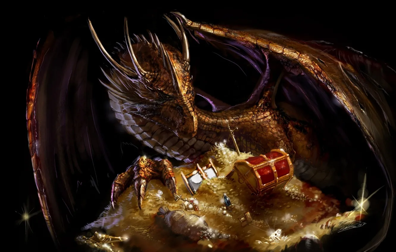 Photo wallpaper gold, dragon, sword, chest, treasures, dragon