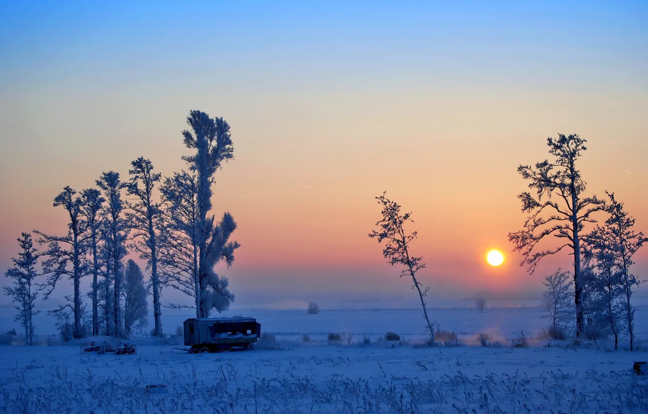 Photo wallpaper winter, field, the sky, sunset