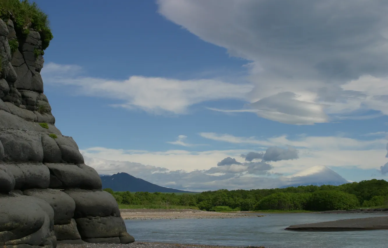 Photo wallpaper forest, the sky, clouds, nature, river, photo, rocks, Kamchatka