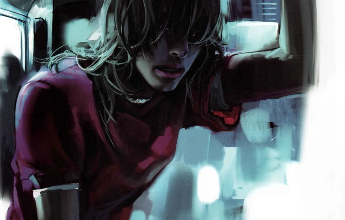 Photo wallpaper look, t-shirt, guy, long hair, bangs, Zhang Bin, by Benjamin