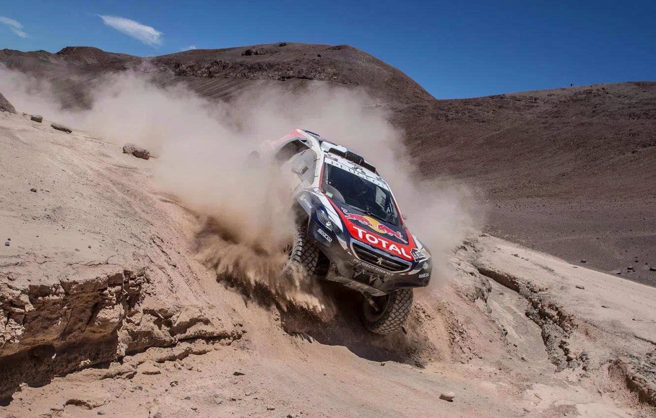 Photo wallpaper mountains, dust, 2008, Peugeot, Rally, Dakar, DKR, baggy
