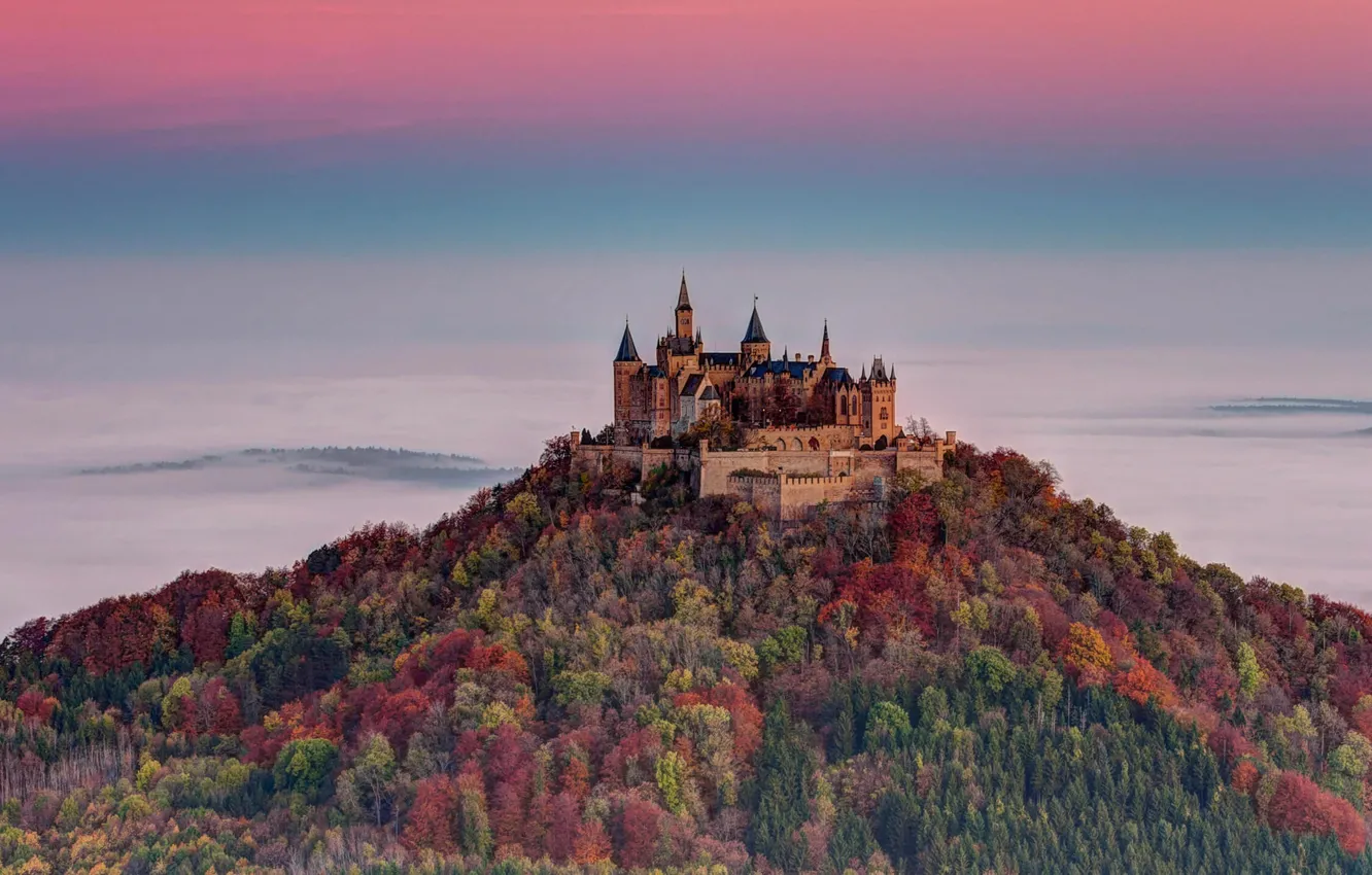Photo wallpaper autumn, Germany, Baden-Württemberg, Hohenzollern castle, view from the Zeller Horn mountain