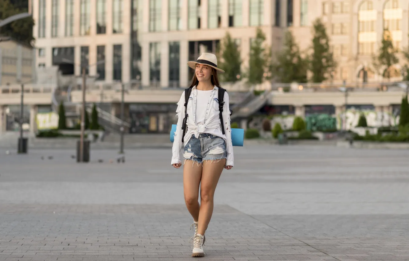 Photo wallpaper girl, shorts, hat, young, beautiful, model, sneakers