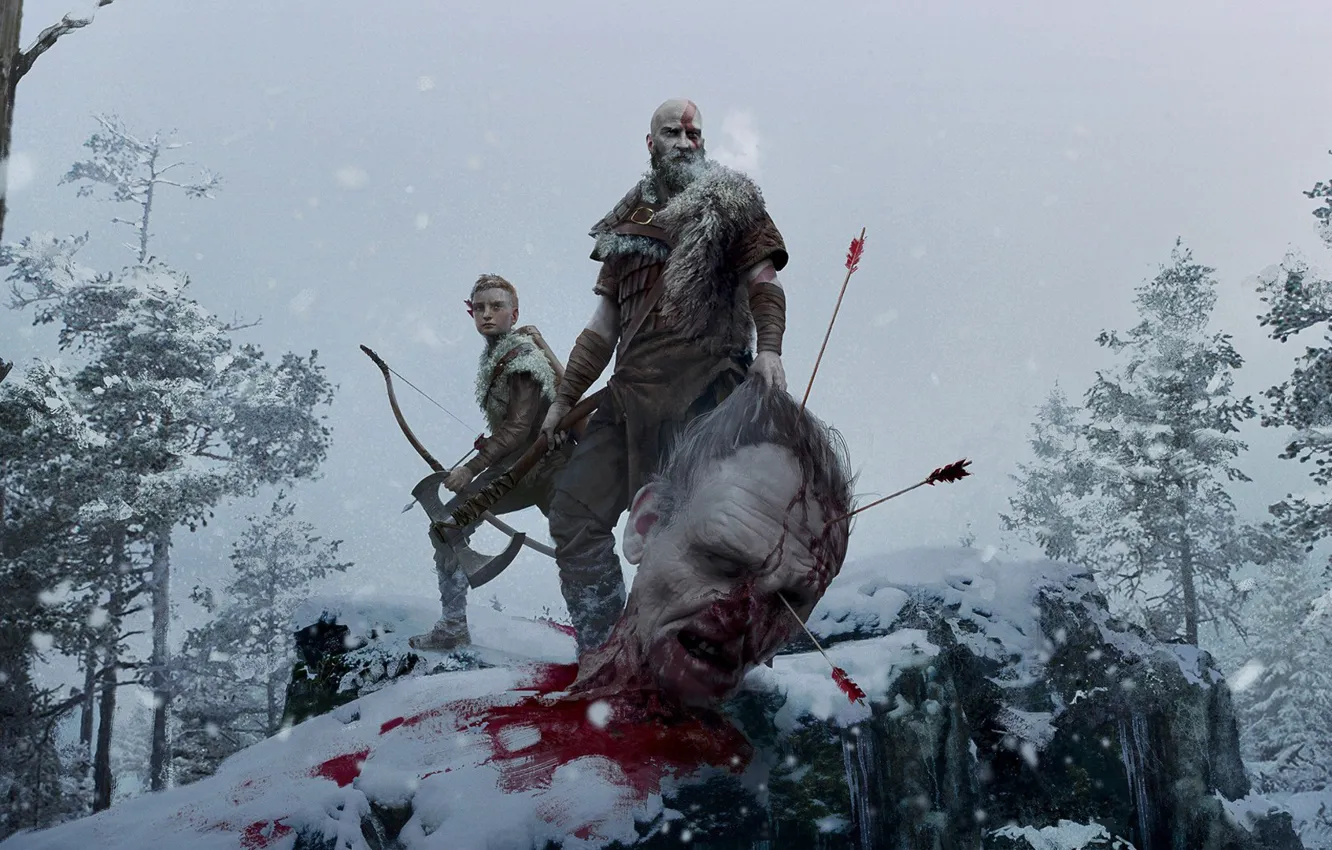 Photo wallpaper snow, trees, weapons, axe, blood, head, bow, giant