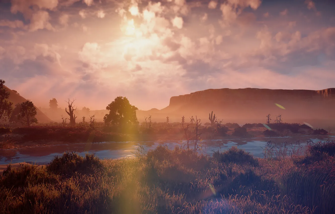 Photo wallpaper landscape, sunset, river, rocks, desert, exclusive, Playstation 4, Guerrilla Games