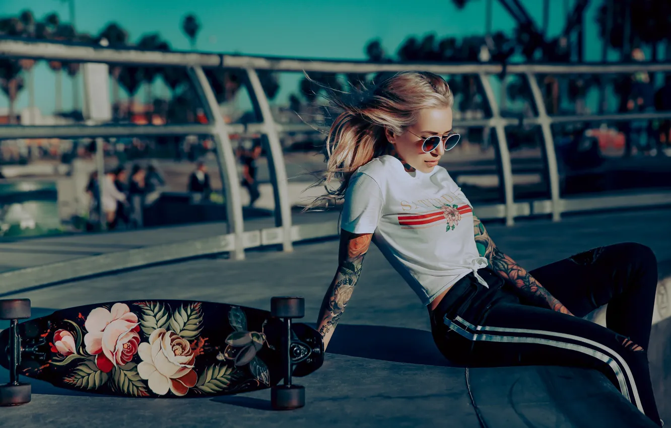 Photo wallpaper girl, pose, tattoo, glasses, skateboard, Igor Malakhov