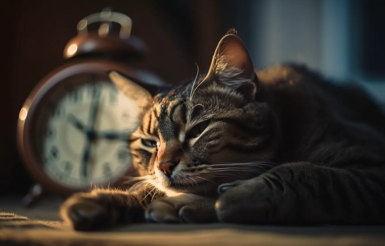 Photo wallpaper cat, cat, look, light, stay, watch, portrait, alarm clock