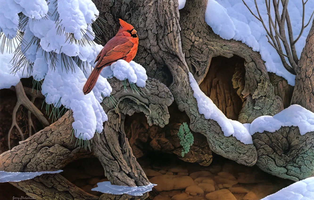 Photo wallpaper winter, snow, trees, bird, painting, cardinal, Jerry Gadamus, The Witness Tree
