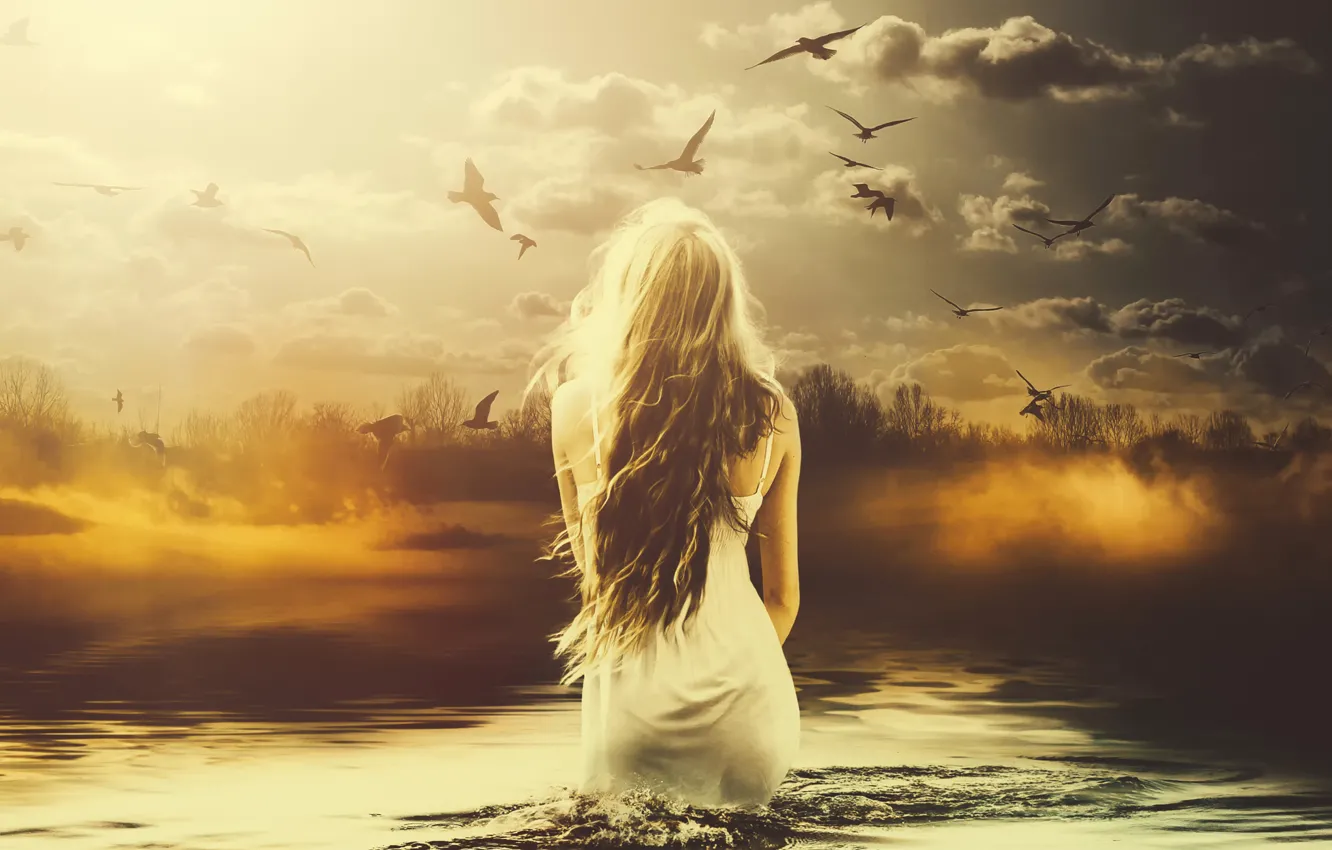 Photo wallpaper girl, birds, art, in the water, melancolia