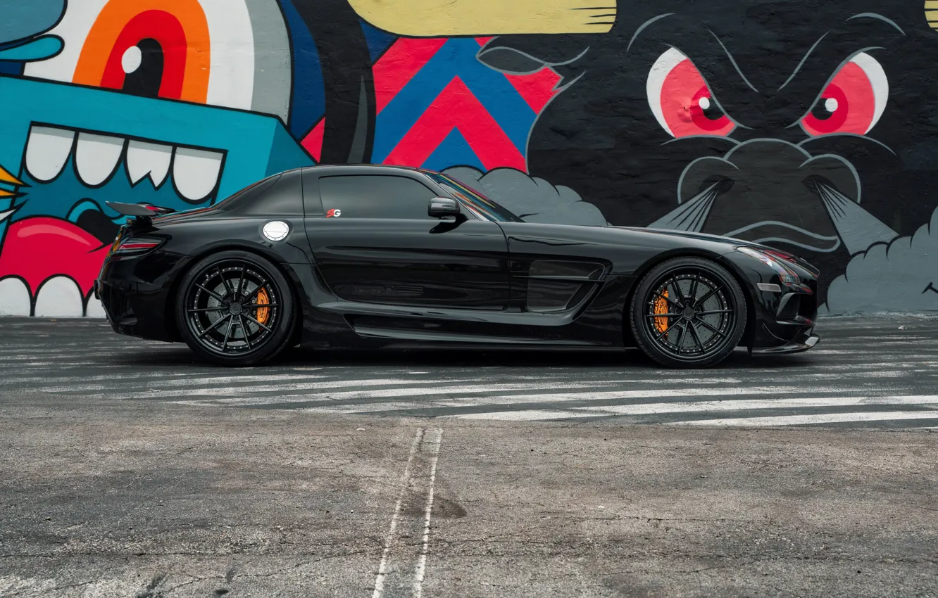 Photo wallpaper Mercedes-Benz, Mercedes, SLS AMG, black, graffiti, AMG, Side