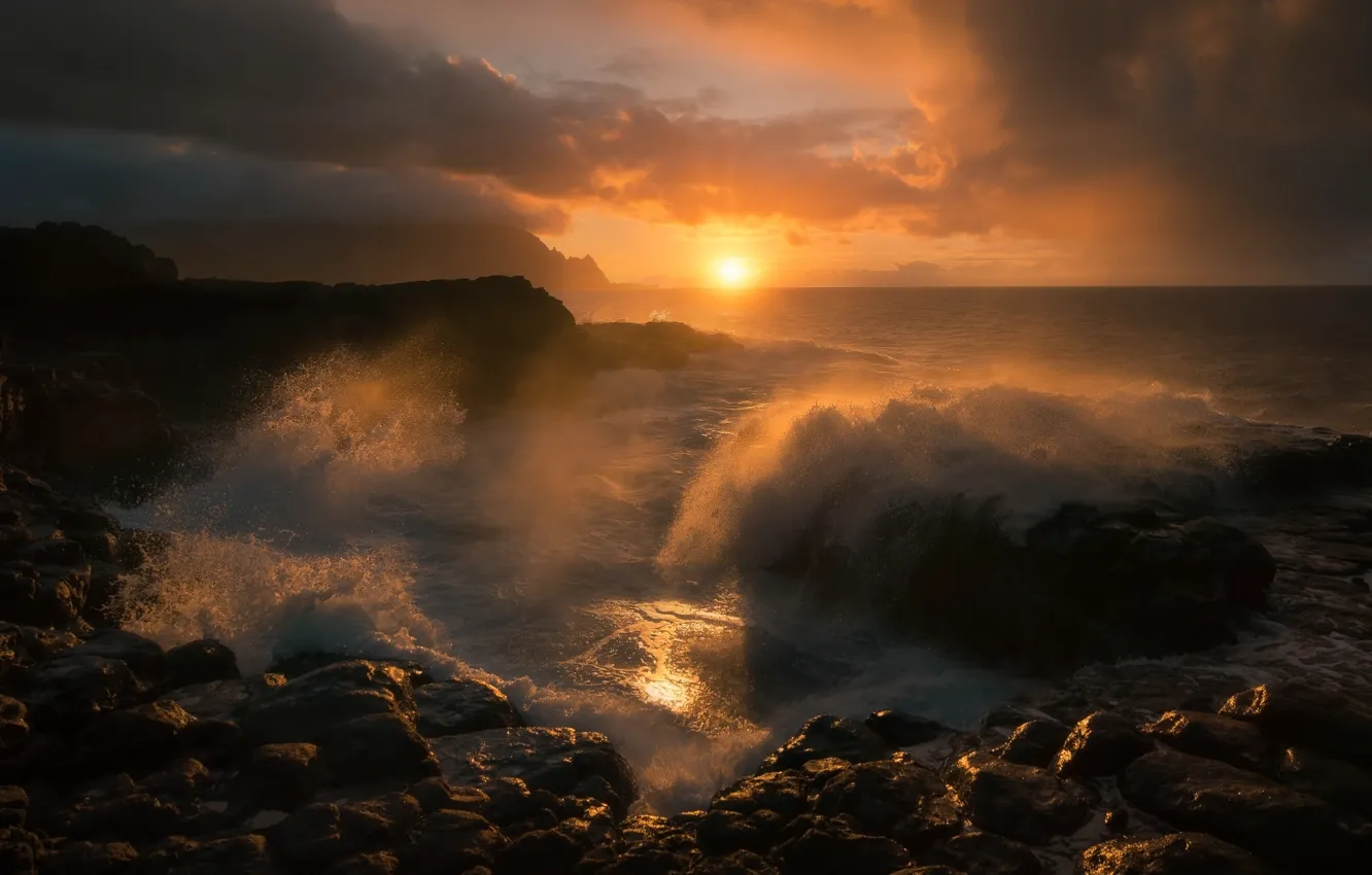 Photo wallpaper sea, wave, dawn, shore, surf