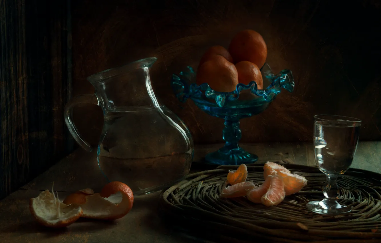 Photo wallpaper glass, pitcher, still life, tangerines