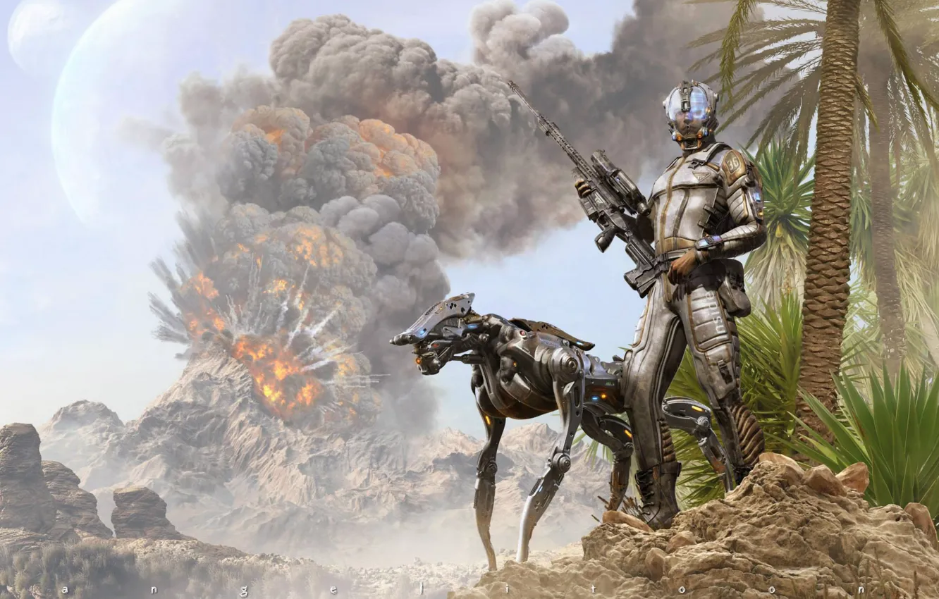 Photo wallpaper mountains, the explosion, weapons, smoke, costume, hunter, cyberpet