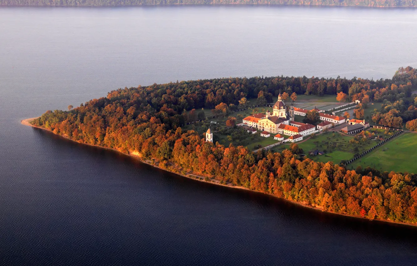 Photo wallpaper sea, autumn, trees, shore, panorama, the monastery, Lithuania, the Peninsula